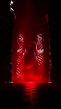 Gothic Red Concert Visual of Floating Organ Heart in Temple Hall