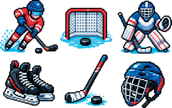HOCKEY WITH PIXEL ART STYLE, EPS 10 ILLUSTRATION