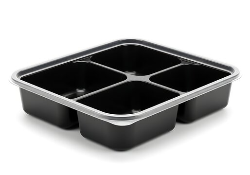 Empty black plastic food container with four compartments for meal prep and delivery