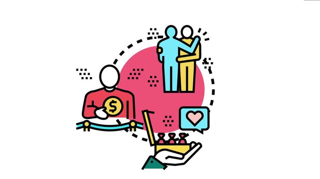 Kindness concept showing individuals expressing empathy, providing financial donations, and offering gifts, different aspects of human compassion and helping others