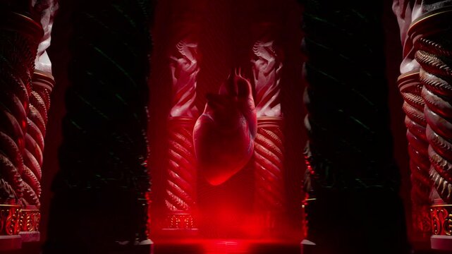 Mystic Heart Shrine with Ornate Pillars Glowing Red Light and Fog 3D Loop