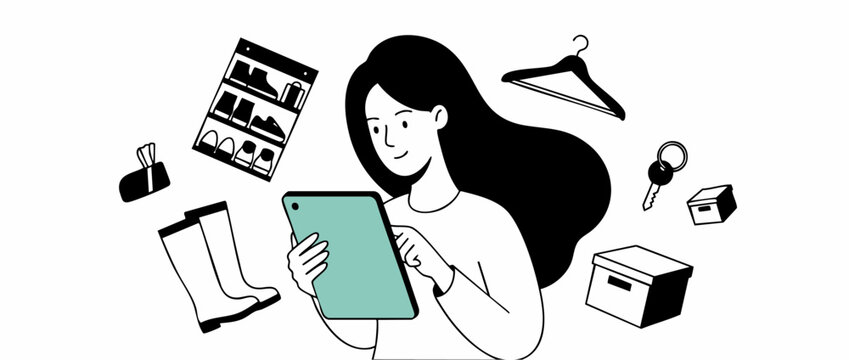 Woman shopping online digital tablet graphic illustration selecting clothes shoes home organization storage minimal vector line art purchasing products lifestyle e-commerce management app concept