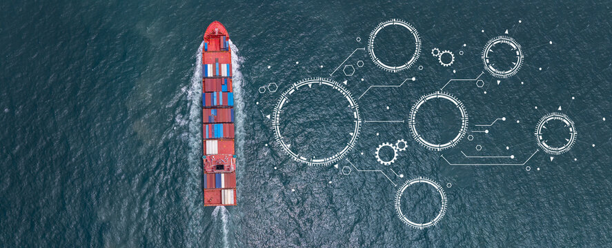 Aerial view container ship logistic container cargo, Global business container cargo freight shipping commercial trade logistic transportation international container, Container cargo freight ship.
