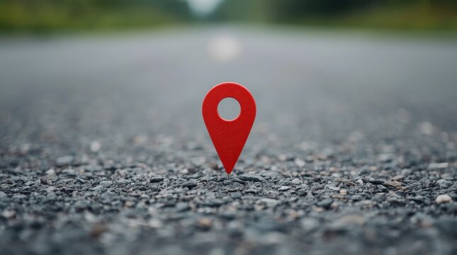 Bright red location pin marker on asphalt road with soft background blur with softly blurred outdoor