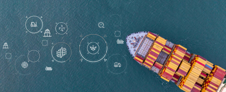 Aerial view container ship cargo freight shipping international, Global business freight shipping import export logistic transportation container ship, Container ship cargo sea freight container ship.
