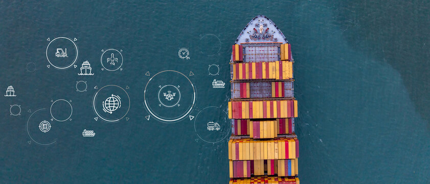 Aerial view container ship cargo freight shipping international, Global business freight shipping import export logistic transportation container ship, Container ship cargo sea freight container ship.