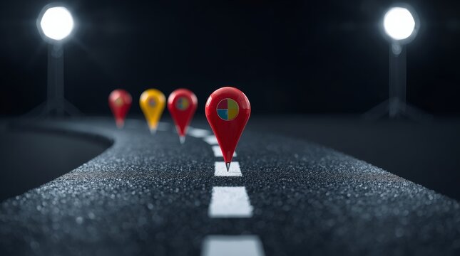 Colorful map pins aligned on a futuristic road under directional lighting with lit directional lamps