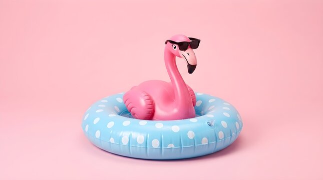 A playful pink flamingo figurine relaxes on a blue inflatable ring against a soft pastel pink background creating a summery scene
