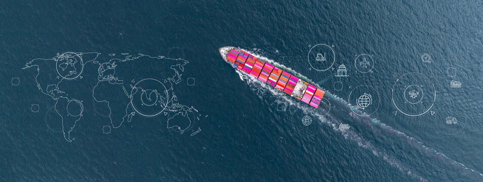Aerial view container cargo ship freight shipping international, Global business freight shipping import export logistic transportation container ship, Container cargo ship sea freight container ship.