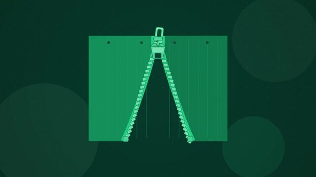Abstract animated zip drawing its teeth together drawn as green and teal lines and shapes on a deep dark background. Seamless looping 4K motion graphics video with free space for text, ideal for title