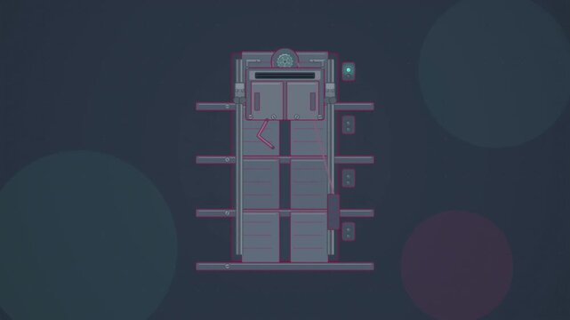 Abstract animated lift cabin rising on its ropes drawn as blue and cyan lines and shapes on a deep dark background. Seamless looping 4K motion graphics video with free space for text, ideal for title 