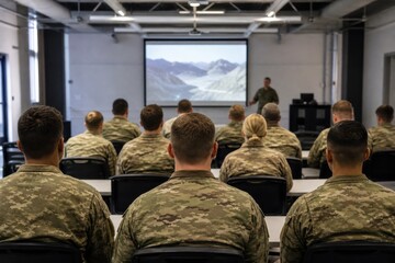 Fototapeta premium Military soldiers attending training briefing in classroom with presentation screen