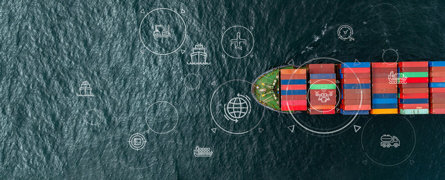 Aerial view container cargo ship freight shipping international, Global business freight shipping import export logistic transportation container ship, Container cargo ship sea freight container ship.