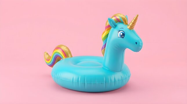 A delightful inflatable unicorn pool float rests against a gentle soft pastel pink backdrop ideal for summer days and playful whimsical graphic