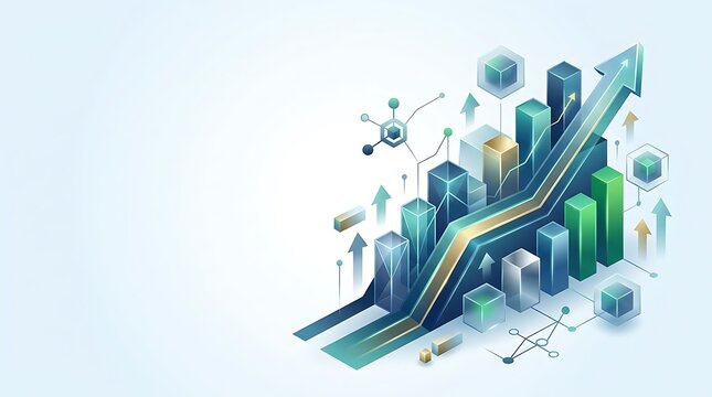 Isometric financial growth chart with blue and green bar graphs showing upward business success trend and market data analysis for corporate finance presentation