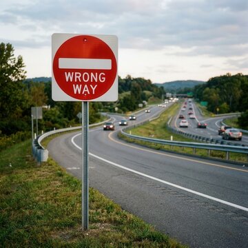 Wrong Way Road Sign Against Scenic Highway Traffic And Cloudy Sky