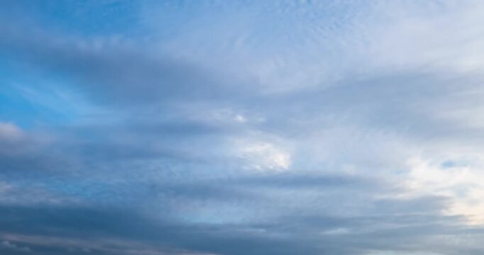 Timelapse of blue sky with white moving cumulus and cirrus clouds at daytime