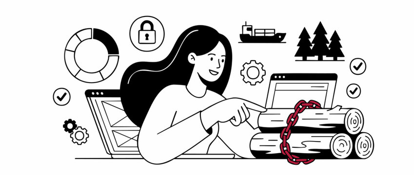 Supply chain sustainability wood logistics manager tracking timber traceability secure data on laptop vector illustration for business compliance forestry regulation trade transparency control concept