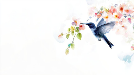 Fototapeta premium Beautiful hummingbird hovers near colorful flowers, showcasing vibrant colors and delicate details in serene setting