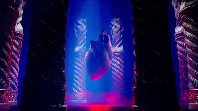 3D Render of Human Anatomical Heart Floating Between Gothic Temple Pillars Under Blue Light