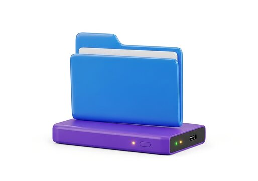 Blue folder icon standing on a purple external hard drive representing data storage and backup