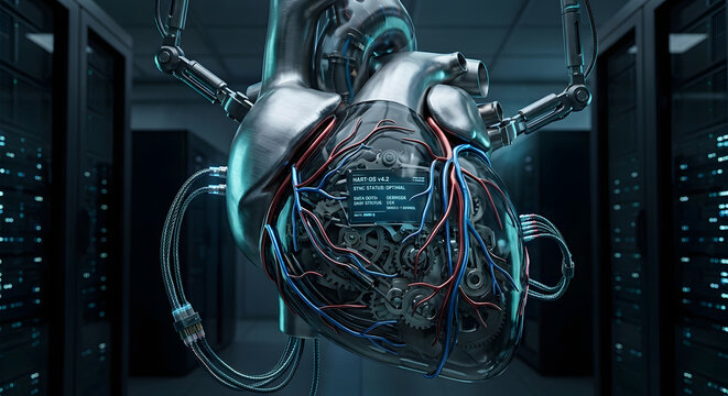 A futuristic 3D mechanical heart with gears, cables, and a digital interface screen suspended in a server room.