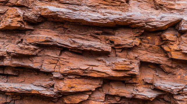 Textured rock formation with layers of reddish brown stone, showcasing natural geological patterns and rugged surfaces