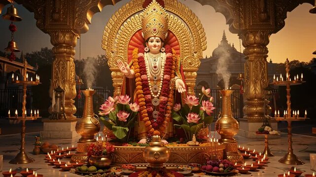 Golden Hindu Deity Statue Decorated with Lotus Flowers and Oil Lamps in Temple