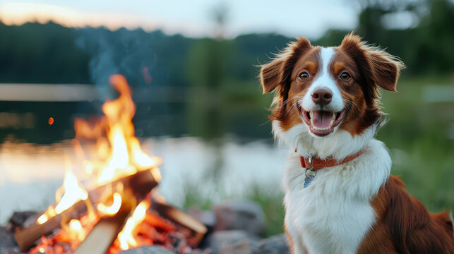 Happy dog sits beside campfire near tranquil lake, surrounded by nature. warm glow of fire contrasts with serene water, creating cozy atmosphere