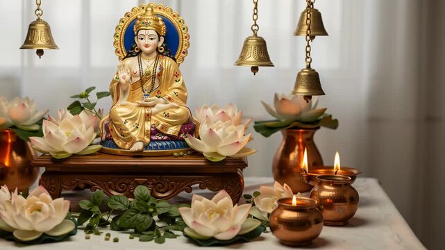 Hindu deity figurine decorated with lotus flowers and brass lamps during religious festival