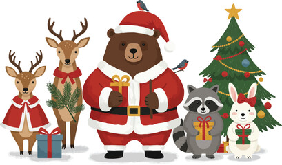 Fototapeta premium Cute bear dressed as santa claus standing with forest animals and a decorated christmas tree for holiday season celebration illustration