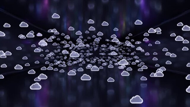 漆黒の空間に無数に漂う白い雲の天気アイコンと光の反射散乱のCG動画