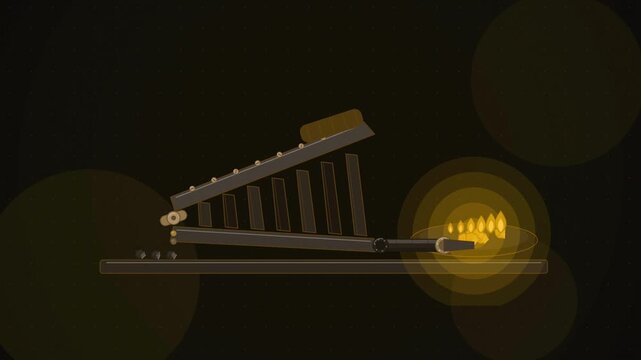 Abstract animated foot bellows pumping out air drawn as amber and orange lines and shapes on a deep dark background. Seamless looping 4K motion graphics video with free space for text, ideal for title