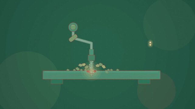 Abstract animated hand drill turning a bit drawn as green and teal lines and shapes on a deep dark background. Seamless looping 4K motion graphics video with free space for text, ideal for title seque
