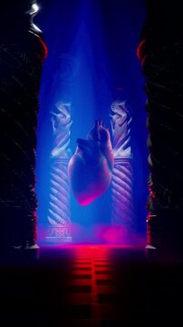 Gothic Blue Concert Visual of Floating Organ Heart in Temple Hall with Red Mist