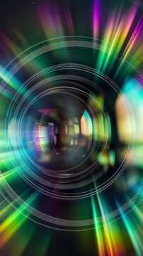 Abstract, colorful camera lens animation. Rotating geometric circles and bright beams of light create a futuristic digital background.