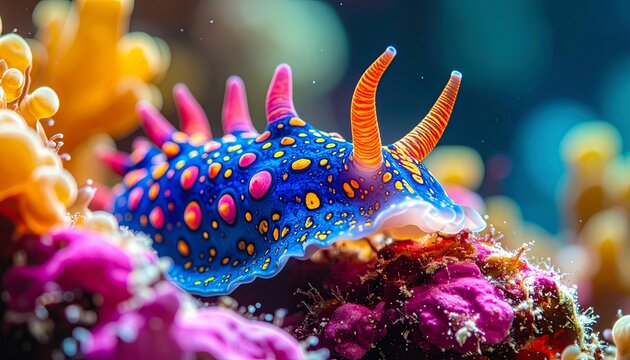 Vibrant blue nudibranch sea slug on coral reef underwater macro photography