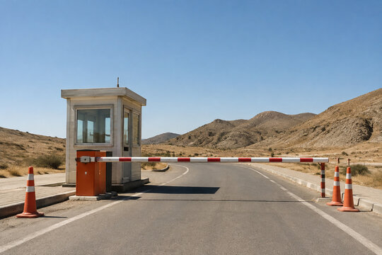 Empty road checkpoint with lowered red and white barrier arm, guard booth and cones, security and traffic control concept
