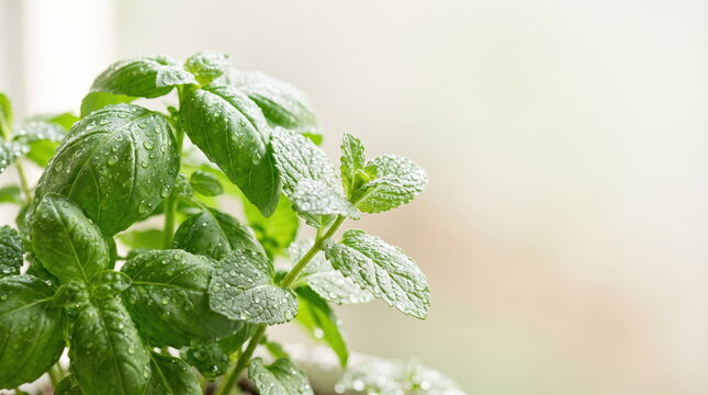 Freshly watered basil and mint herbs with water droplets