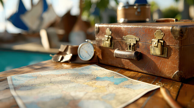 Vintage travel suitcase, clock, and map create nostalgic atmosphere, evoking sense of adventure and exploration by poolside