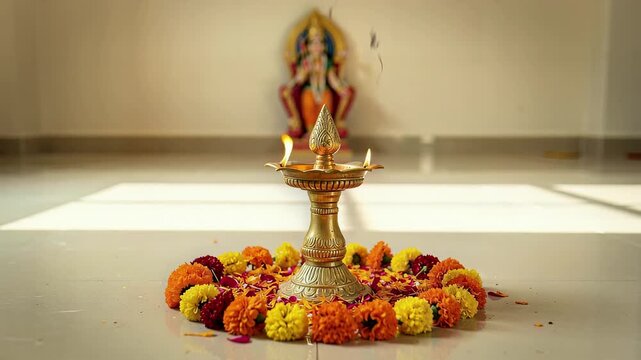 Traditional brass oil lamp with marigold flowers and goddess idol in background