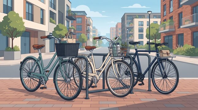 Urban Bicycle Parking with Different Baskets &ndash; Flat design illustration of stylish city bikes arranged at a modern bicycle rack with trees, pavement and architectural details.