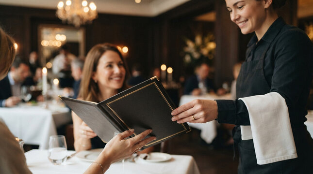 Waitress presenting menu to guest in luxury restaurant
