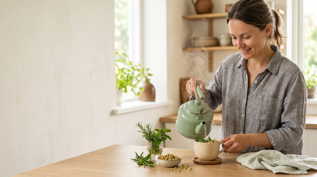 Woman preparing herbal tea in a cozy kitchen setting