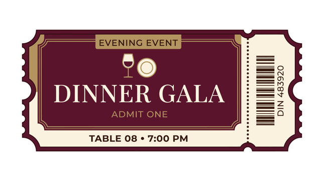 Elegant Dinner Gala Evening Event Ticket for Table 08 at 7:00 PM.