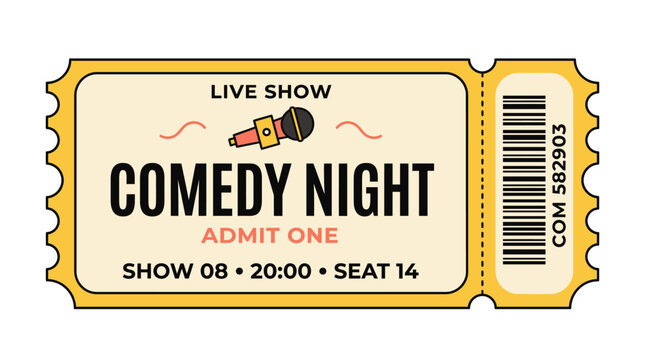 A yellow ticket for a comedy night live show with a microphone graphic, admitting one person to seat 14 at 8:00 PM.