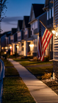 Waving American Flag Outside Suburban Home at Dusk, Patriotic USA Neighborhood with Illuminated Houses