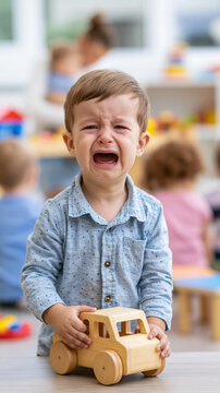Portrait of a crying toddler boy holding a wooden toy car in a preschool classroom. Concept of kindergarten adaptation, separation anxiety, and stress on the first day of daycare