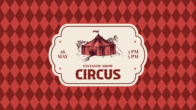 Hand drawn retro circus show poster. Vintage diamond sketch vector illustration. Carnival and amusement background. Retro rhombus frame