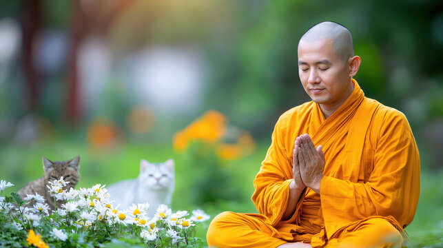 Meditating monk in orange robe surrounded by flowers and cats, embodying peace and harmony in nature